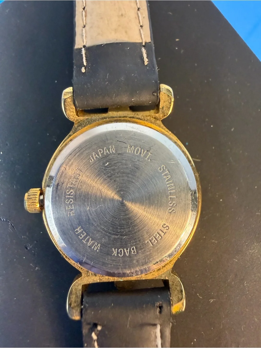Gold Dial Black Leather Strap Women's Watch with American Flag Accent